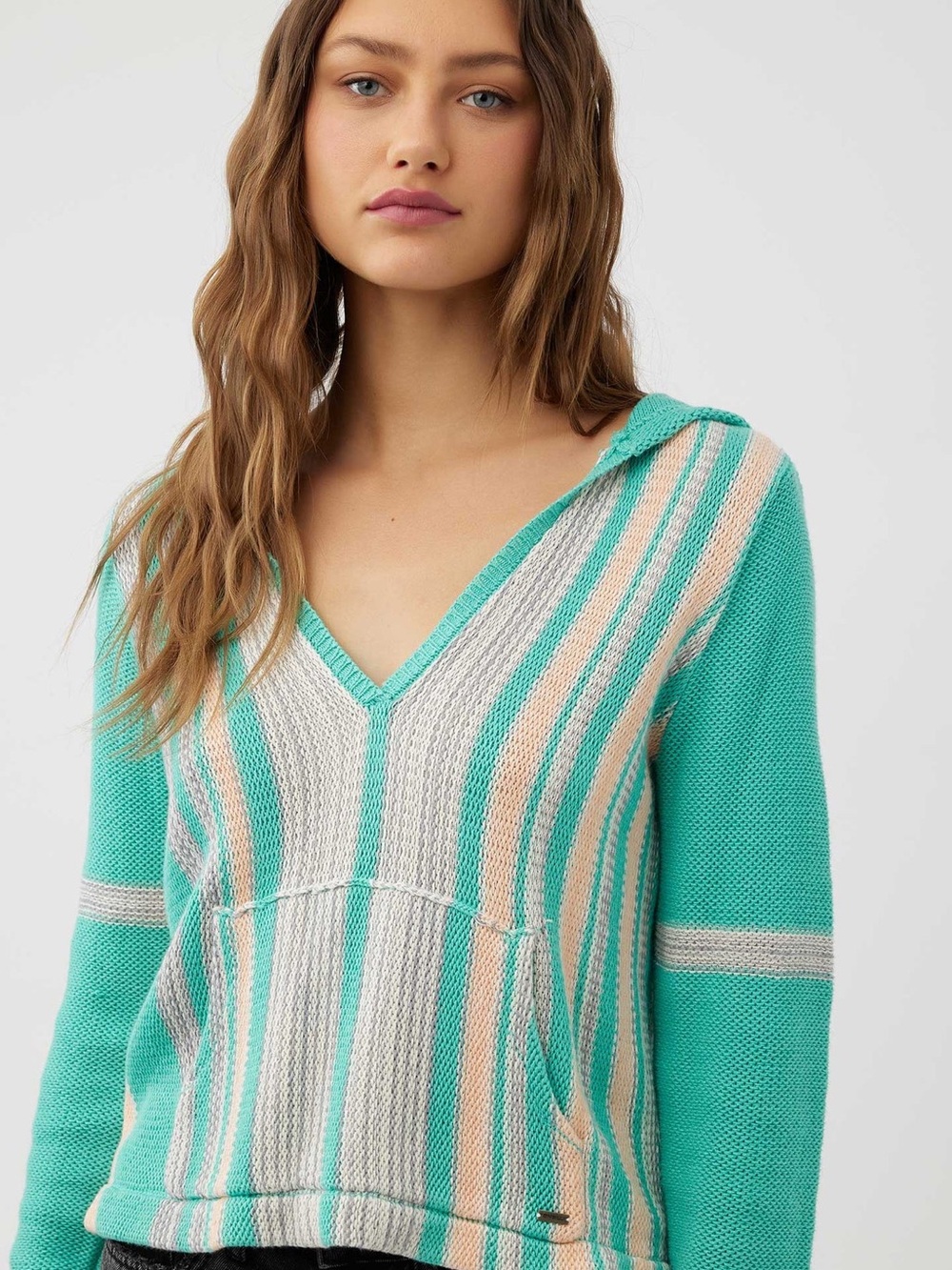 O'Neill CATAMARAN SWEATER Teal, Cream & Pink Striped V-Neck Hooded Sweater